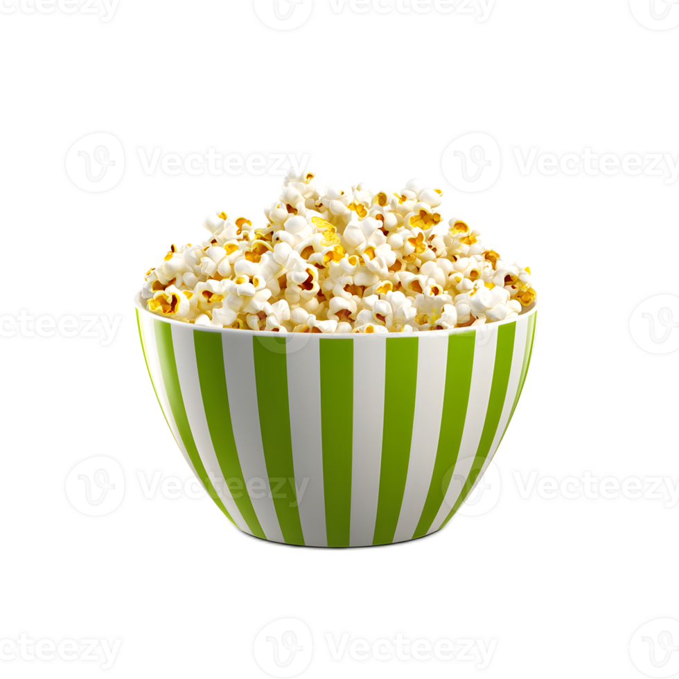 Vibrant Striped Bowl Filled with Delectable Freshly Popped Popcorn Snack on White Background png