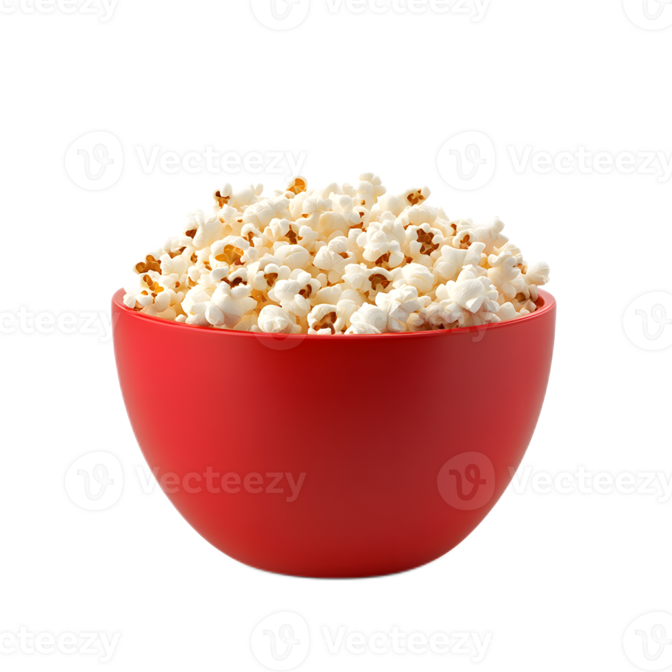 Vibrant Red Bowl Filled with Freshly Popped Popcorn on Plain Background png