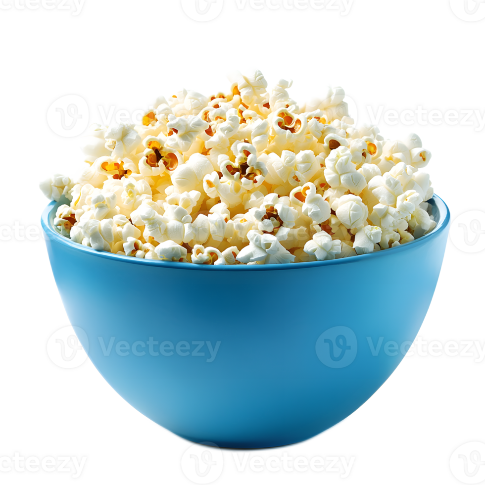 Blue Bowl Full of Freshly Popped Delicious Popcorn Kernels On A White Background png