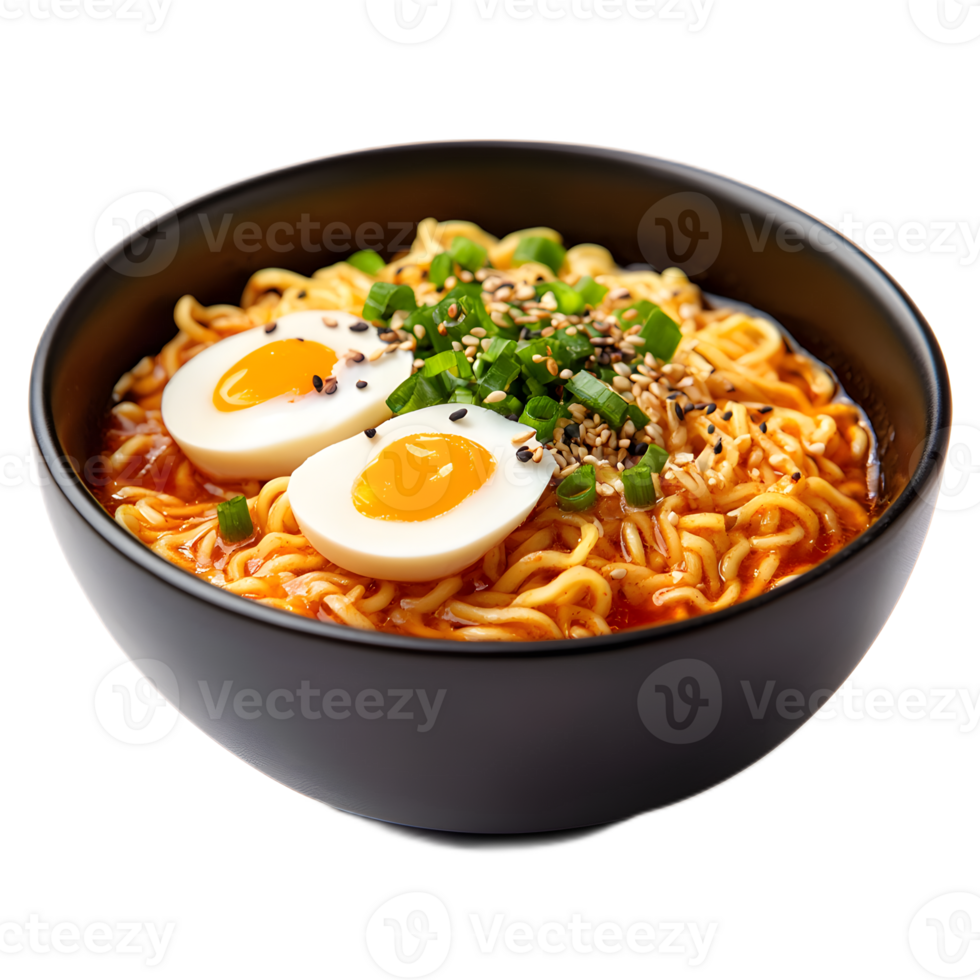Savory Japanese Ramen Noodle Soup in a Bowl with Egg and Garnish png