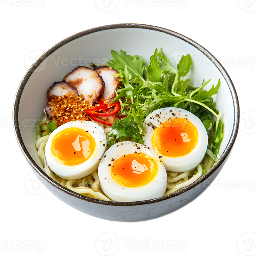Delectable Bowl of Ramen Noodles with Vibrant Vegetables and Soft Boiled Eggs for a Savory and Comforting Meal png