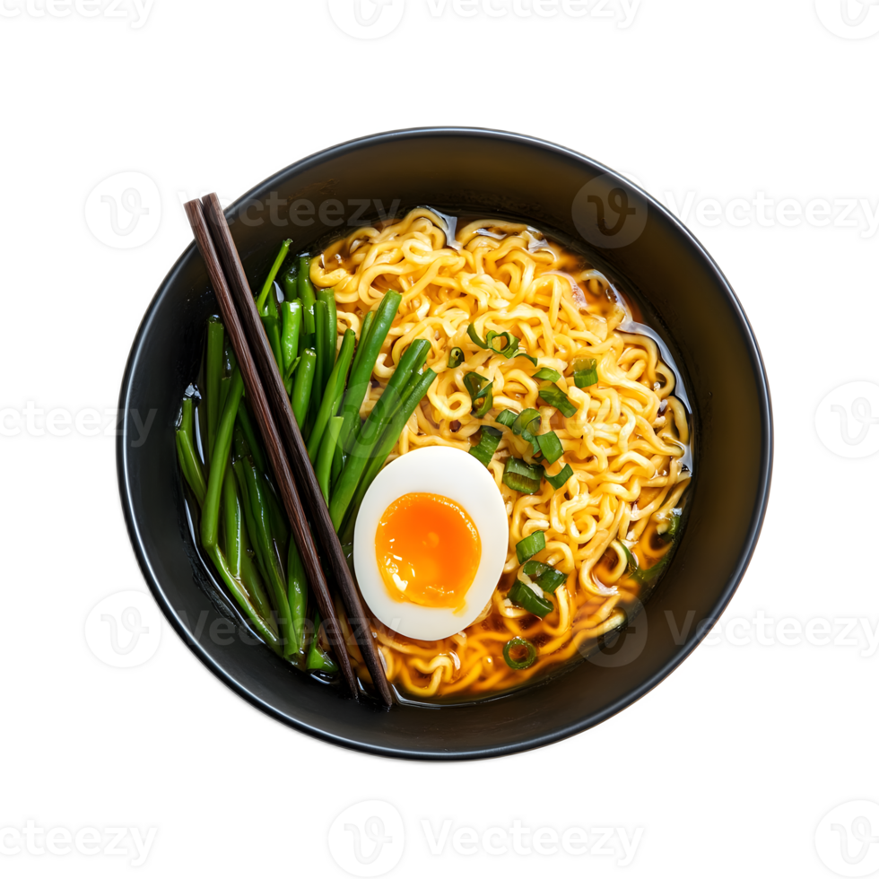Steaming Bowl of Savory Japanese Ramen Noodles with Egg and Fresh Vegetables png