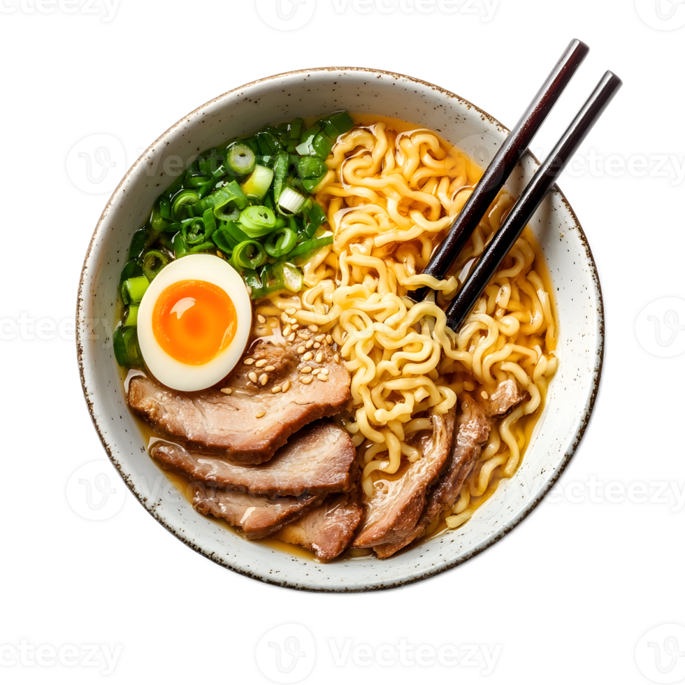 Steaming Bowl of Authentic Japanese Ramen Noodle Soup with Savory Broth Soft Boiled Egg and Fresh Garnishes png