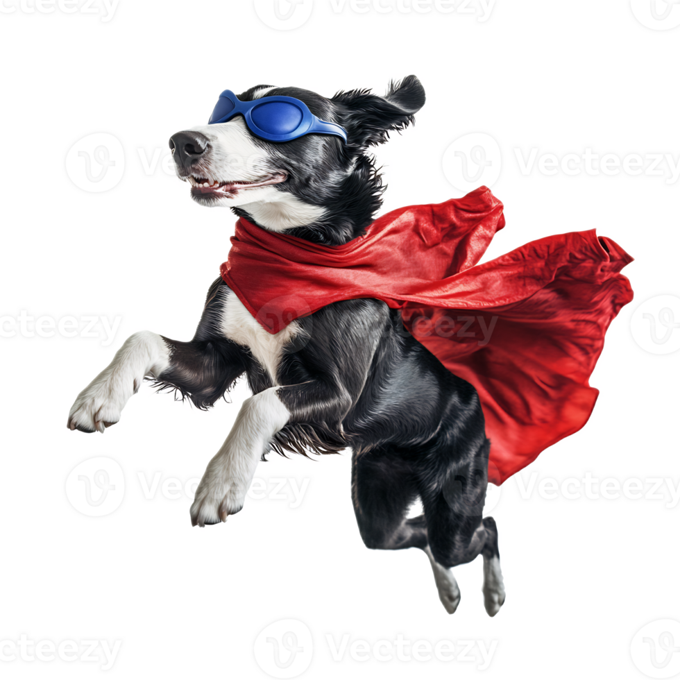 Brave Dog Superhero Leaping in Action with Red Cape and Goggles png