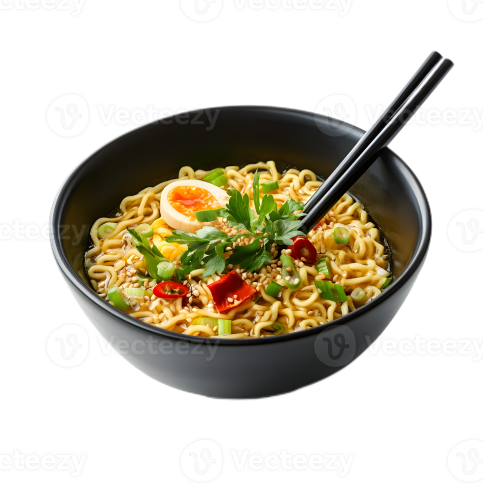 Steaming Bowl of Savory Ramen Noodles with Aromatic Veggies and Chopsticks png