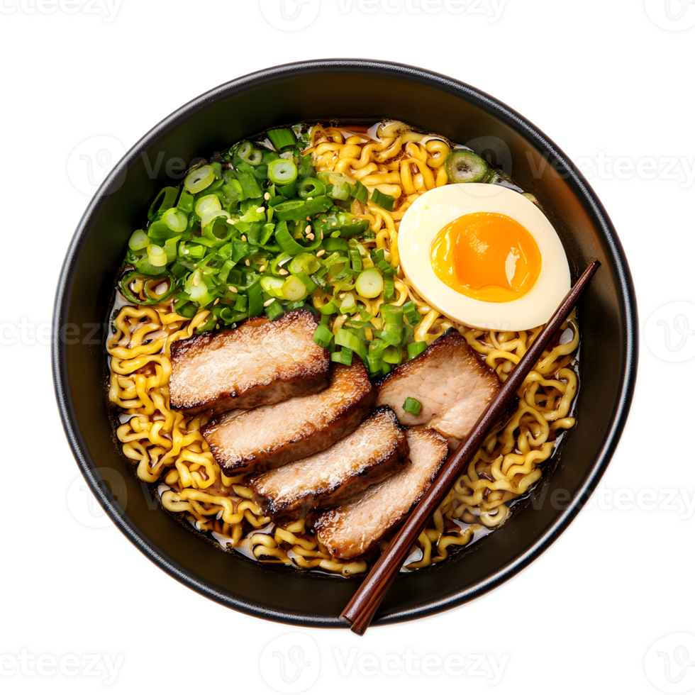 Steaming Bowl of Japanese Ramen Noodles with Pork Egg and Fresh Garnishes png