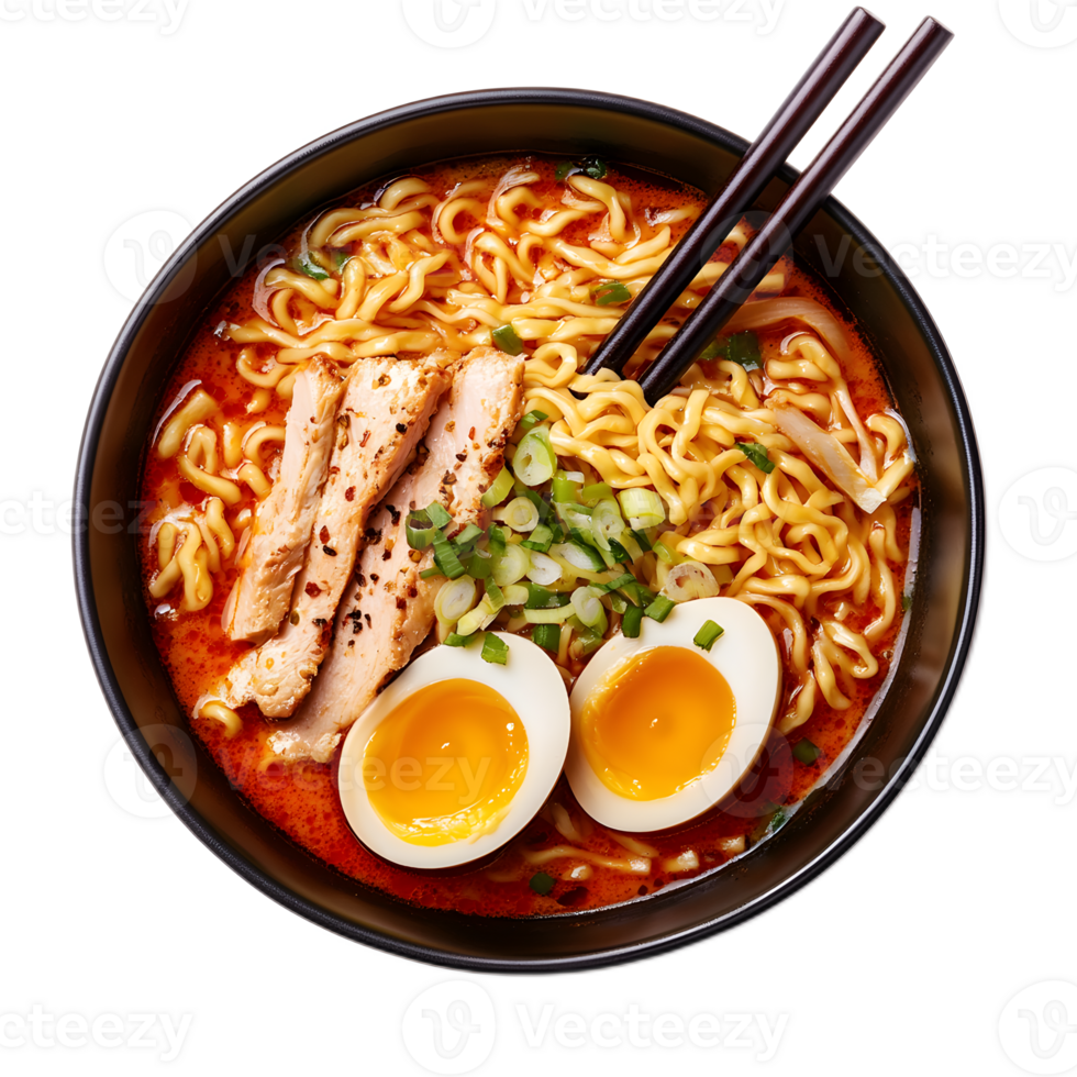 Savory Bowl of Ramen Noodle Soup with Vegetables and Protein png
