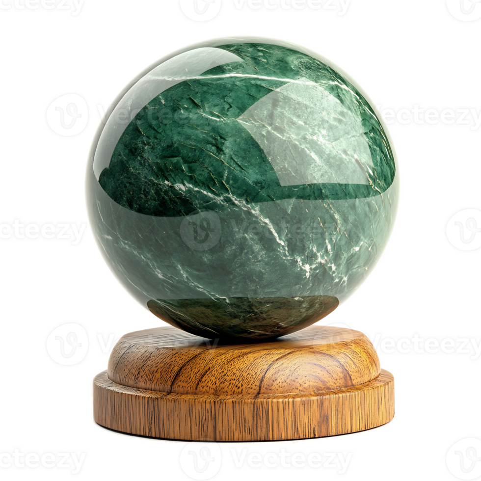 Captivating Emerald Green Marble Sphere with Mesmerizing Fractal Pattern on Wooden Display png