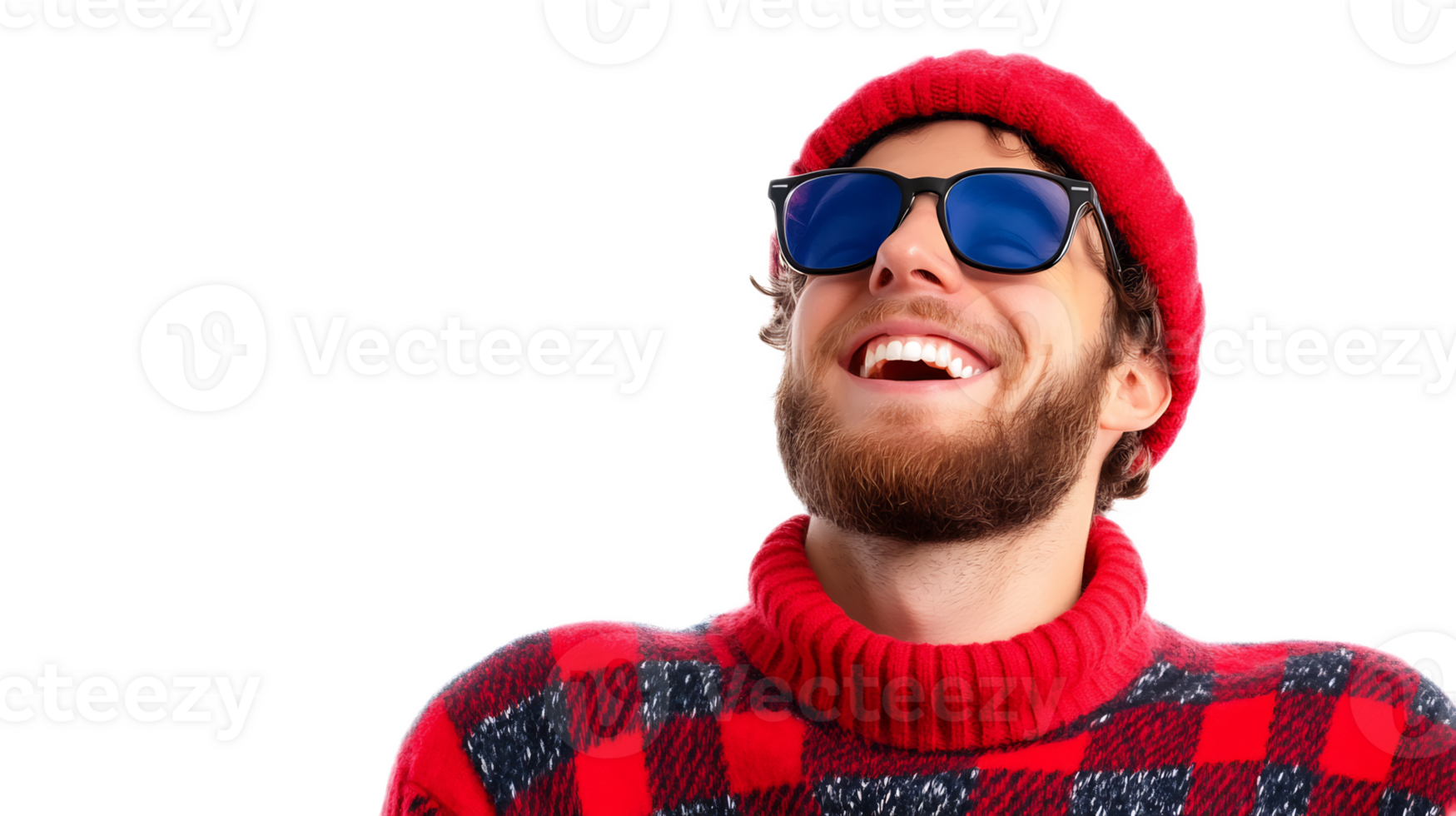 Cheerful Bearded Man in Red Hat and Sunglasses Smiling Joyfully png