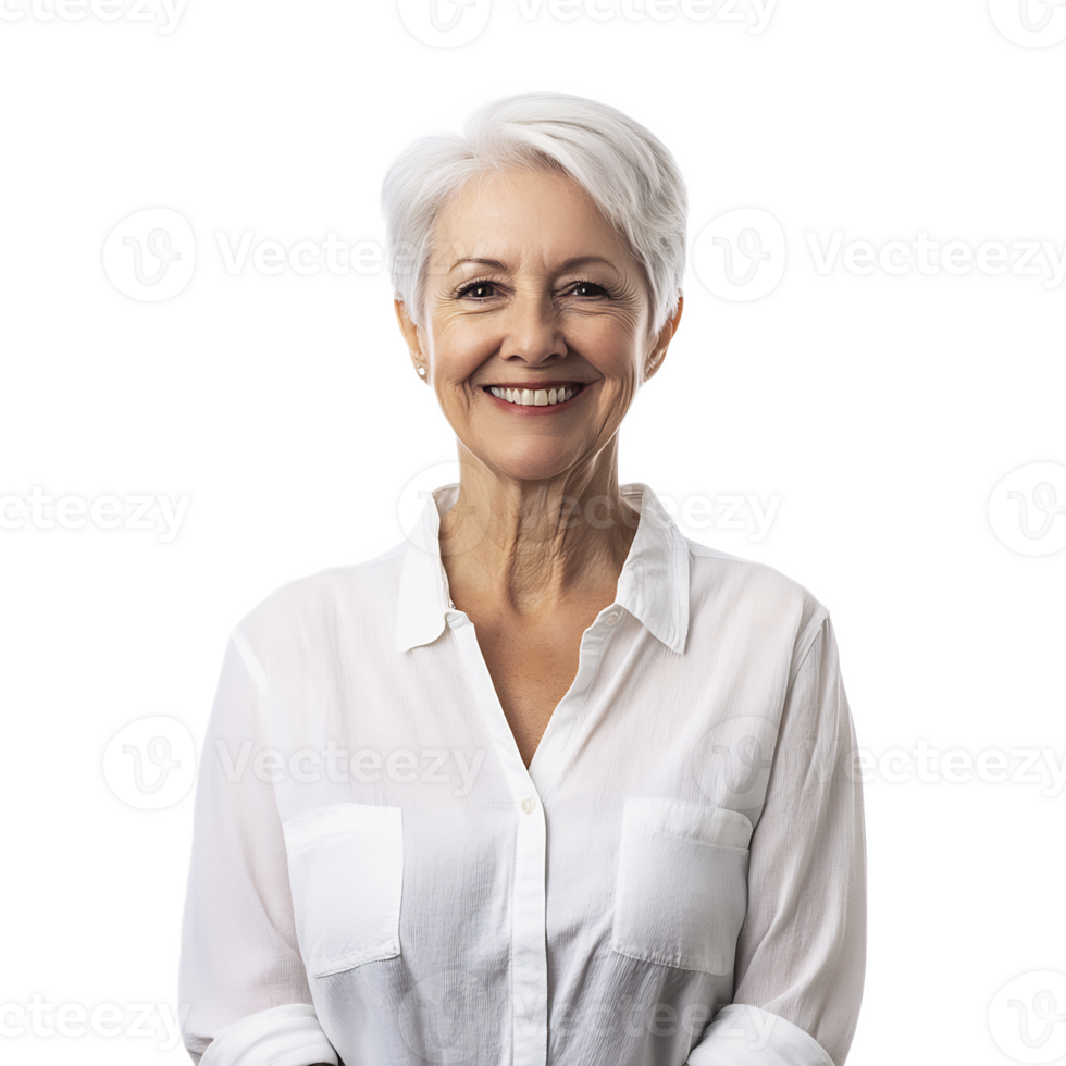 Cheerful and Radiant Senior Woman with Glowing Smooth Skin Smiling on White Background png