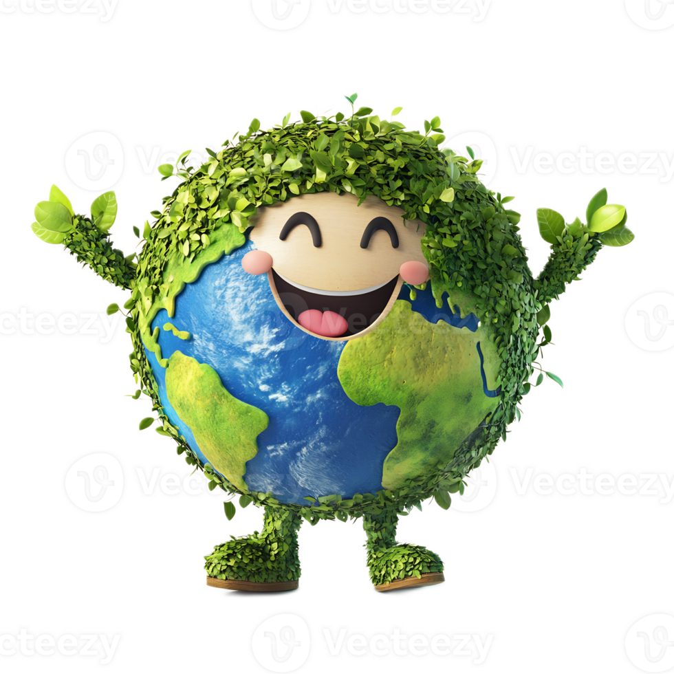 Cheerful Eco-Friendly Earth Character With Smiling Face and Lush Foliage png