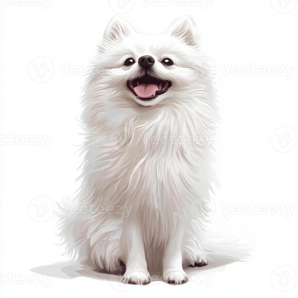 Fluffy white pomeranian with a joyful expression on a bright background photo