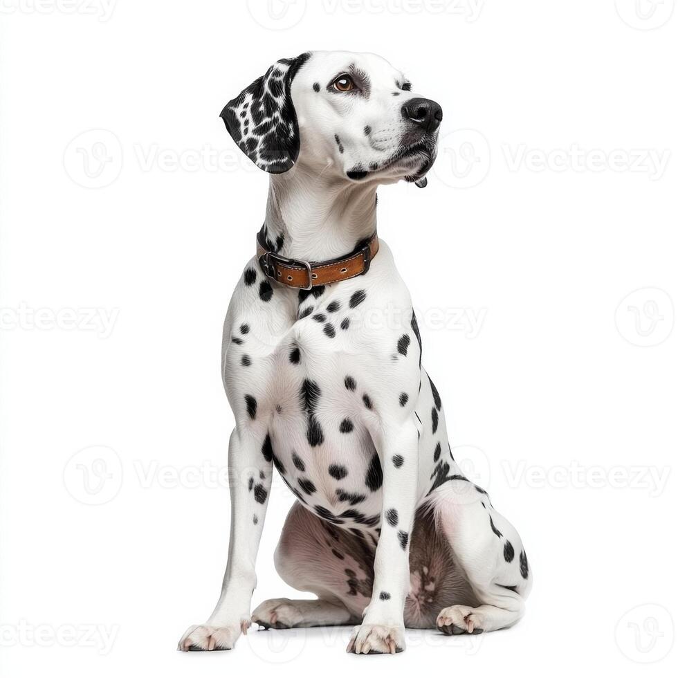 Elegant dalmatian sitting against white background with brown collar photo