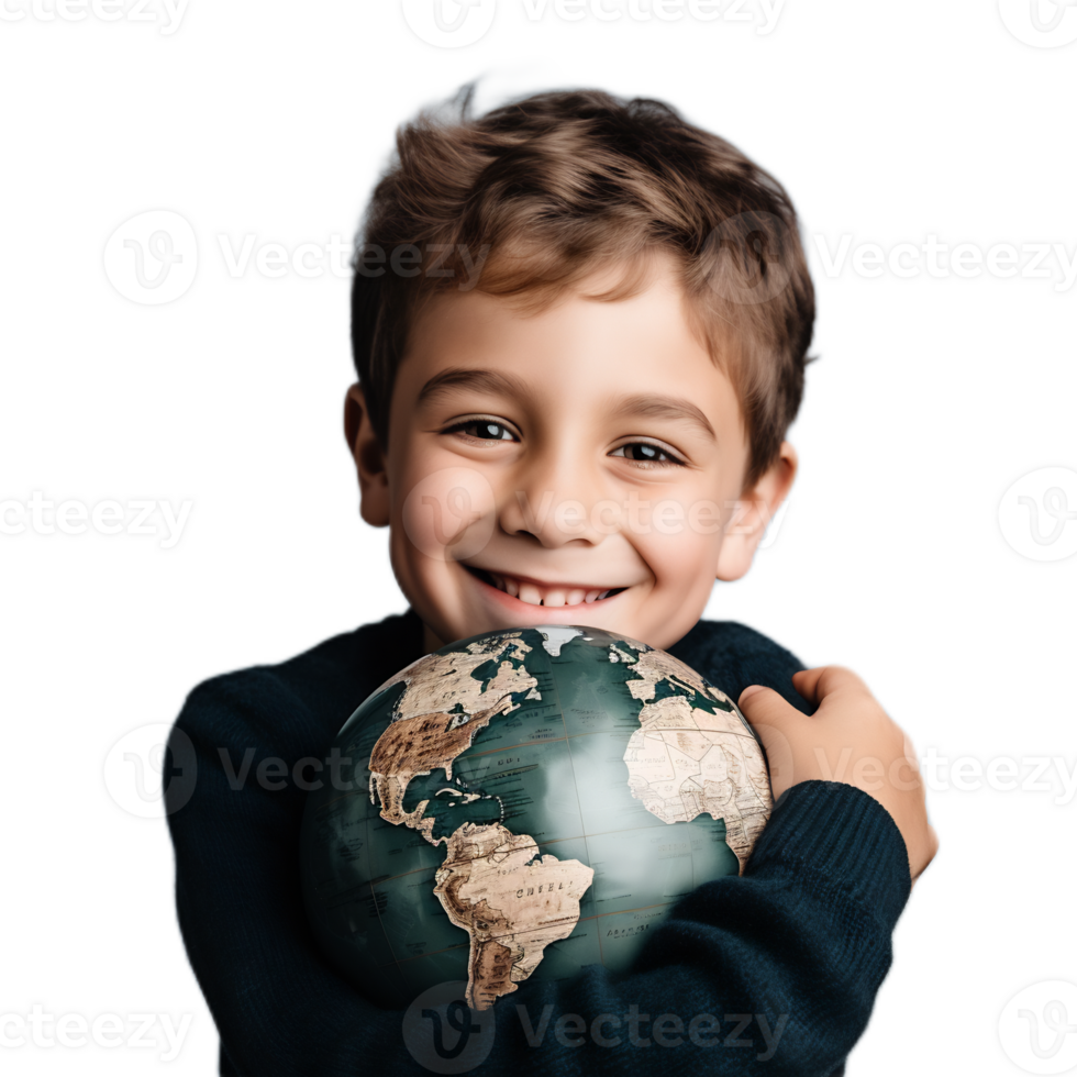 Cheerful Boy Embracing Globe,Representing Sustainability and Global Responsibility png