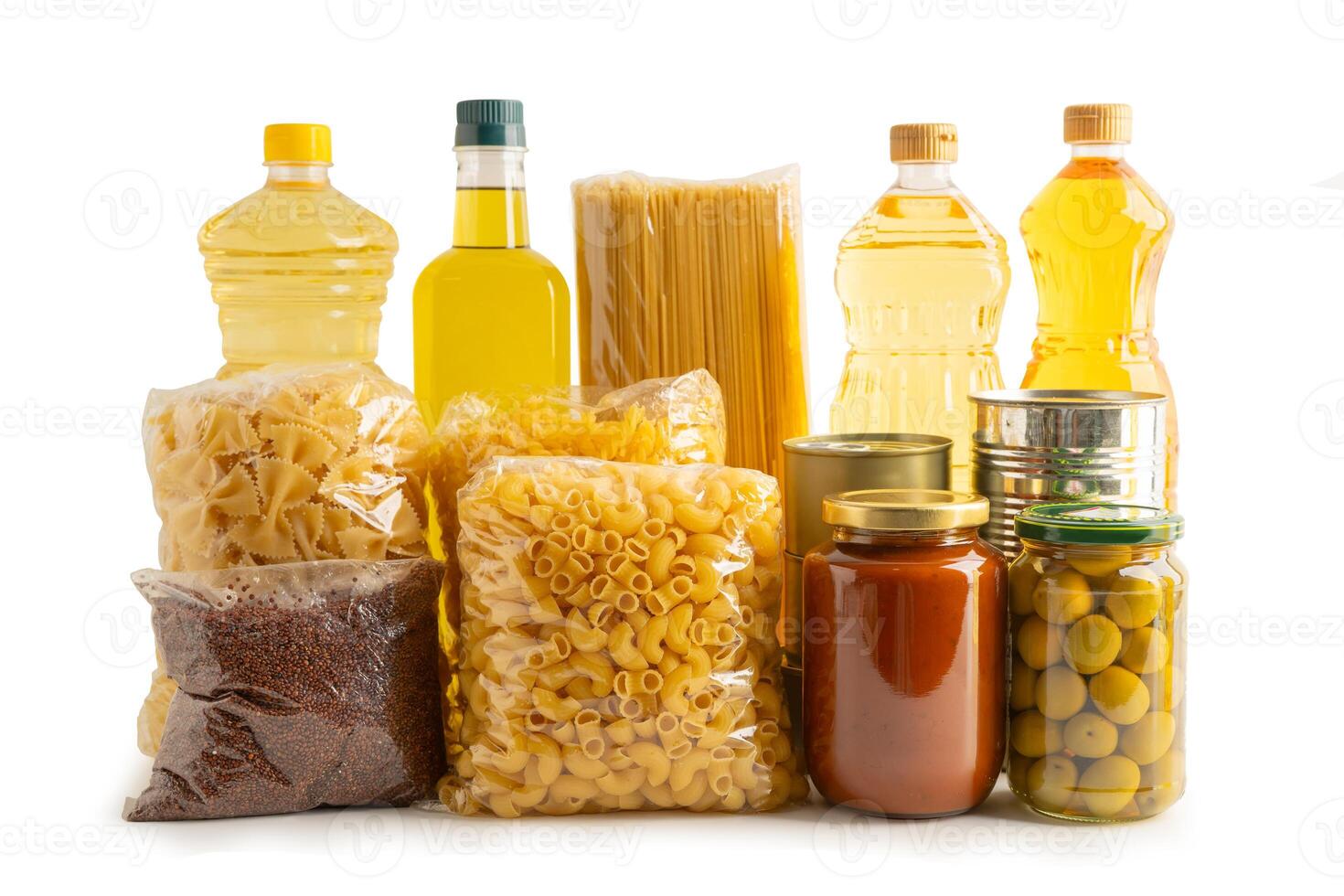 Foodstuffs in donation box isolated on white photo