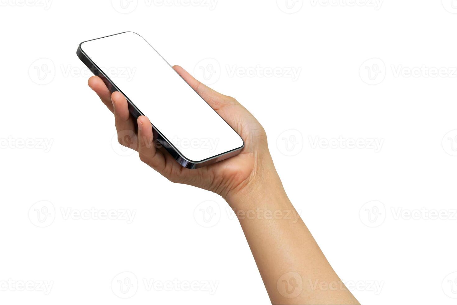 Asian woman holding smartphone in hand with blank screen isolated on white photo