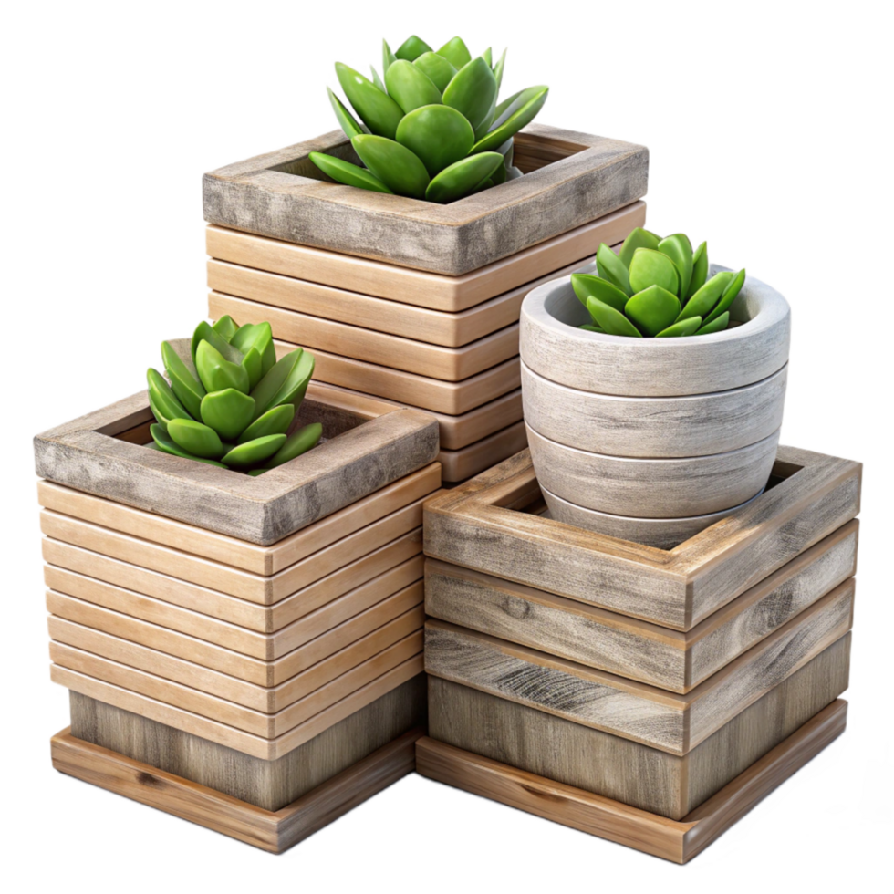 dramatic artistic Stacked Planters Wood Grain Transparent Background exclusive png