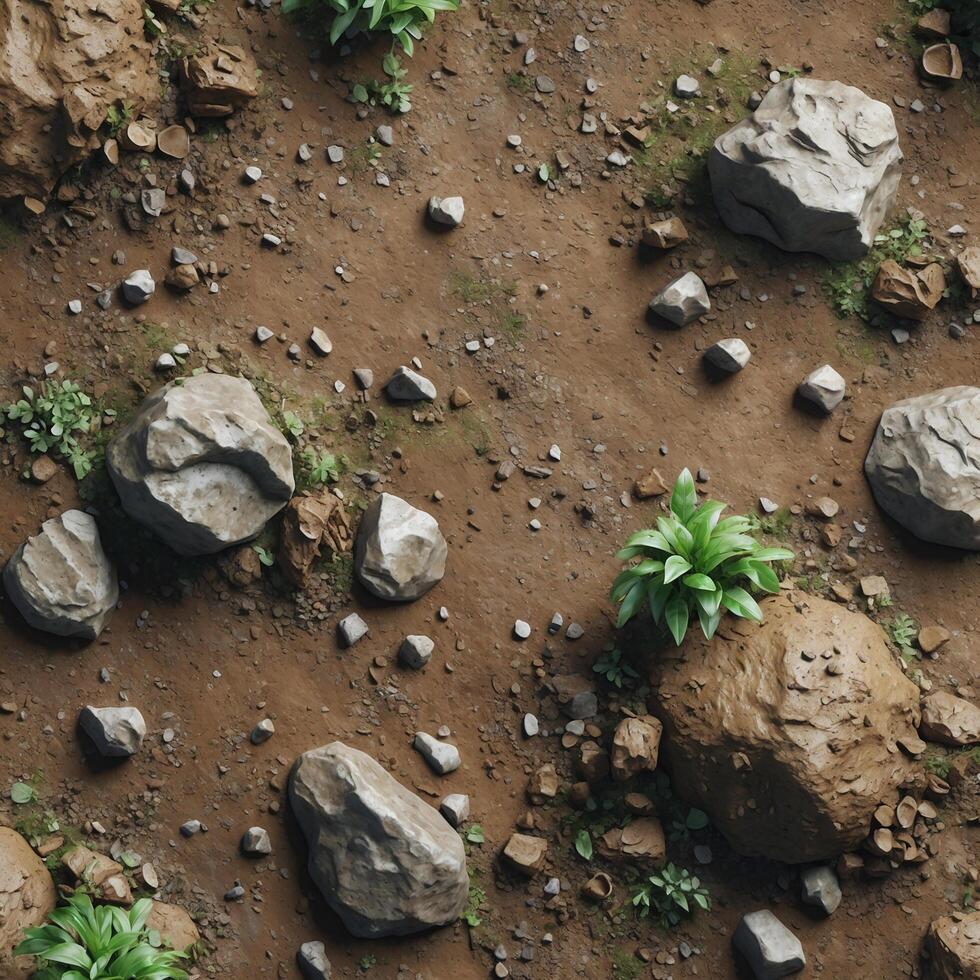 High-resolution, seamless ground texture featuring a natural blend of soil, small rocks, and organic debris photo