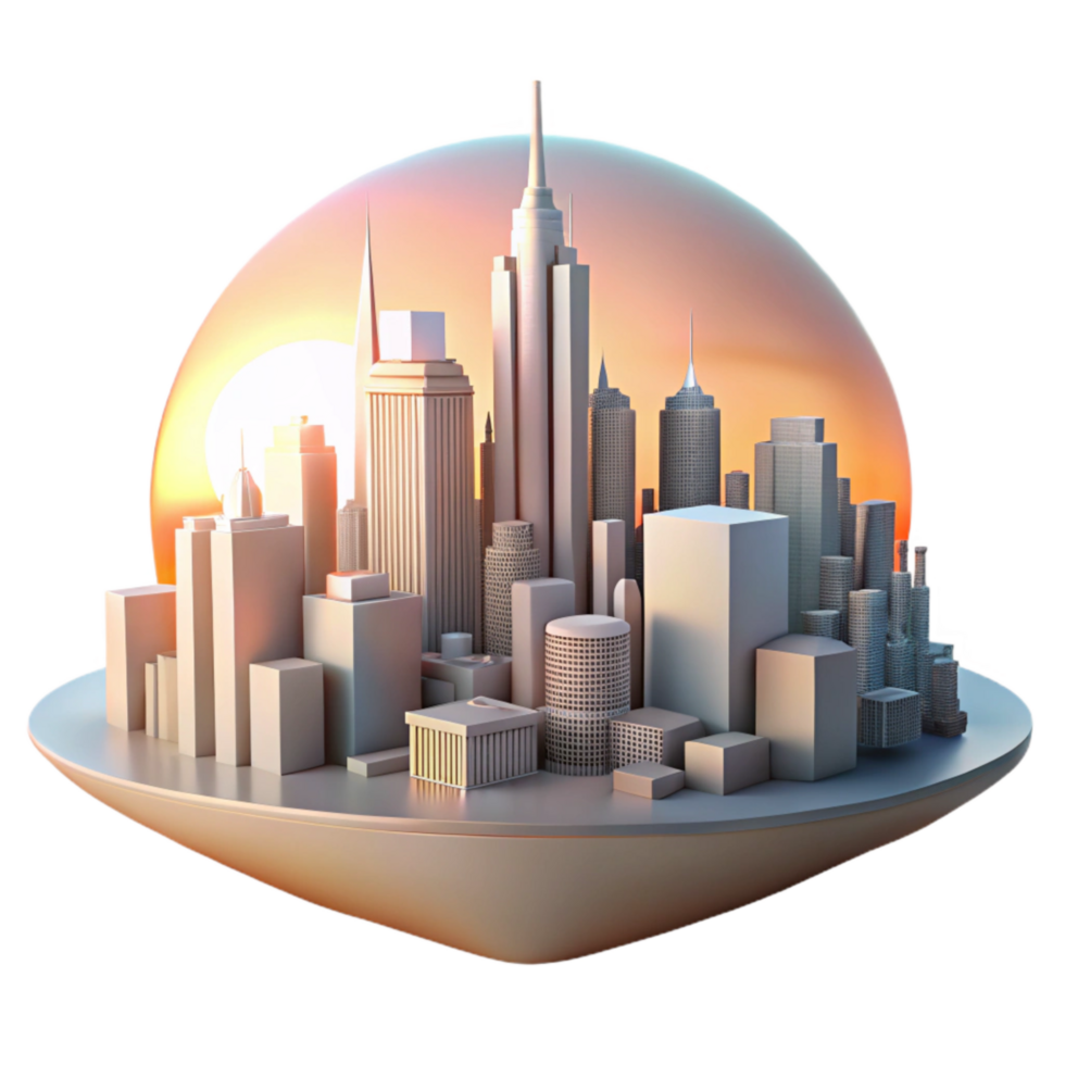 extraordinary contemporary Sustainable City Skyline at Sunset Transparent Background high resolution png