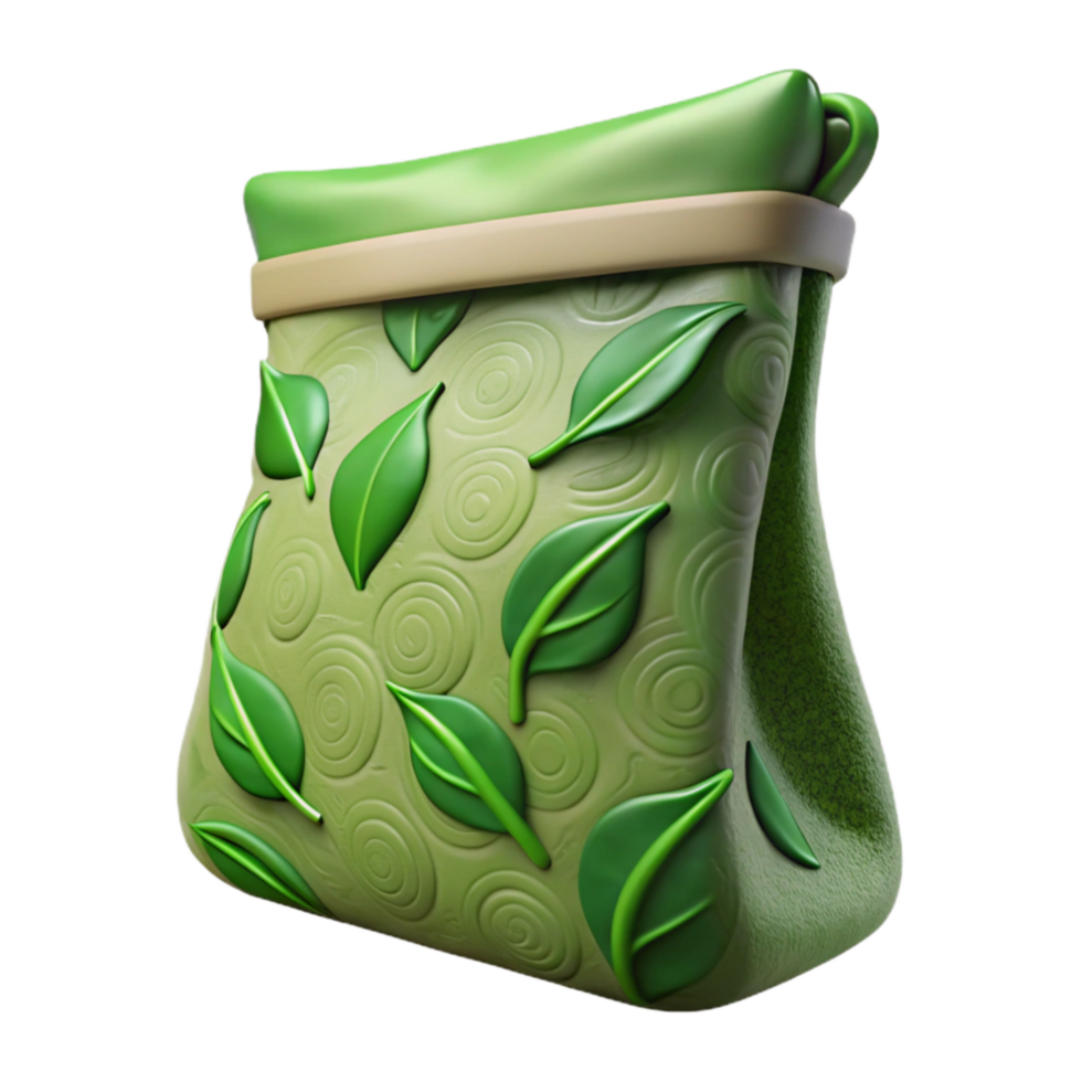 elegant creative Sustainable Packaging Pouch with Green Leaf Pattern Isolated exclusive png