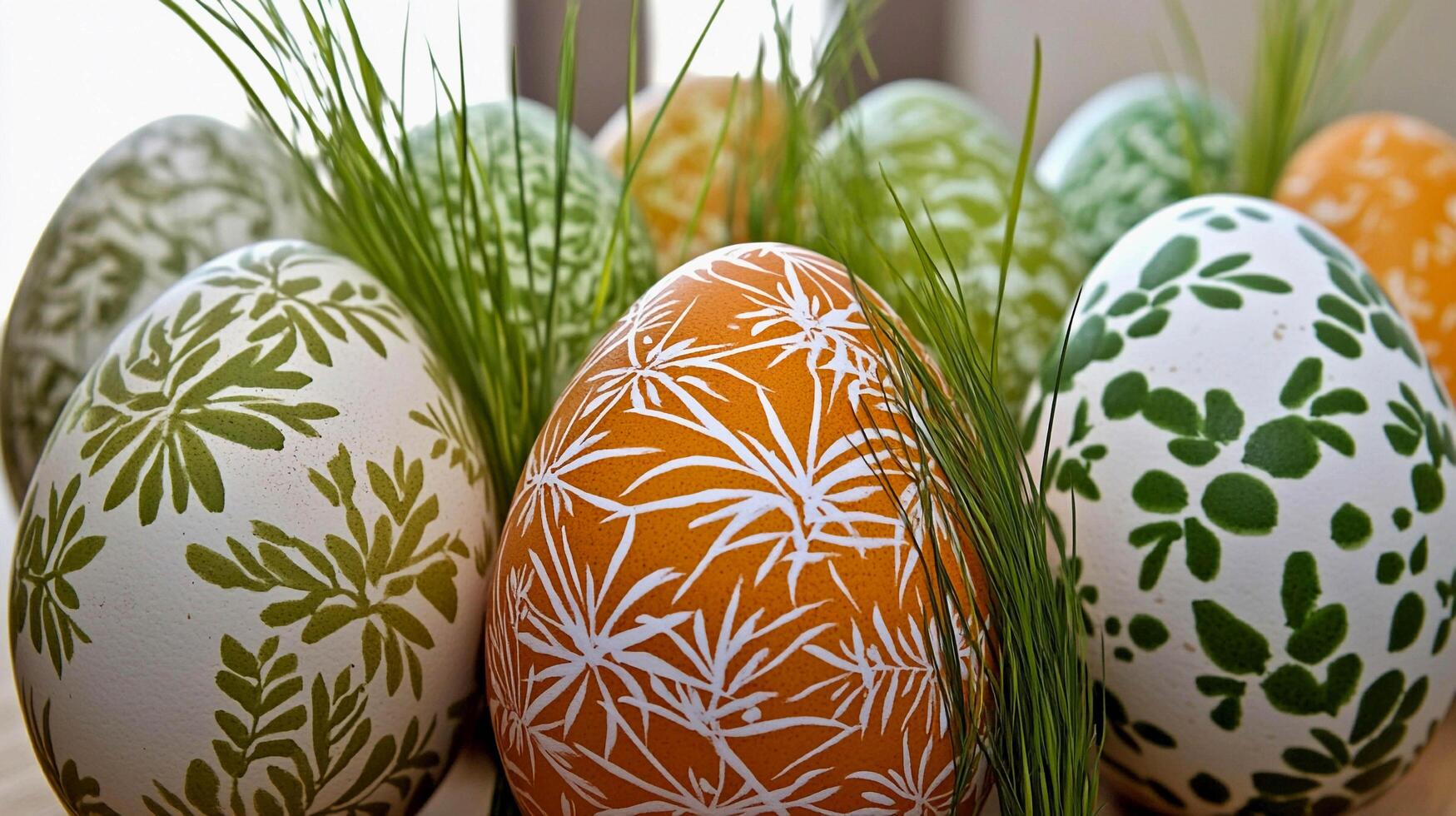 Colorful decorative eggs with intricate designs and greenery displayed for spring celebration photo
