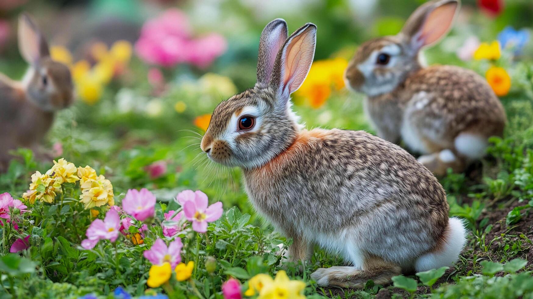 Rabbits exploring a vibrant garden filled with colorful flowers in springtime daylight photo