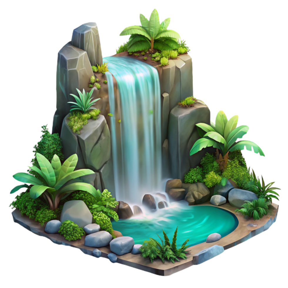 vibrant minimalist Tropical Rainforest Waterfall Scene Transparent Background premium png