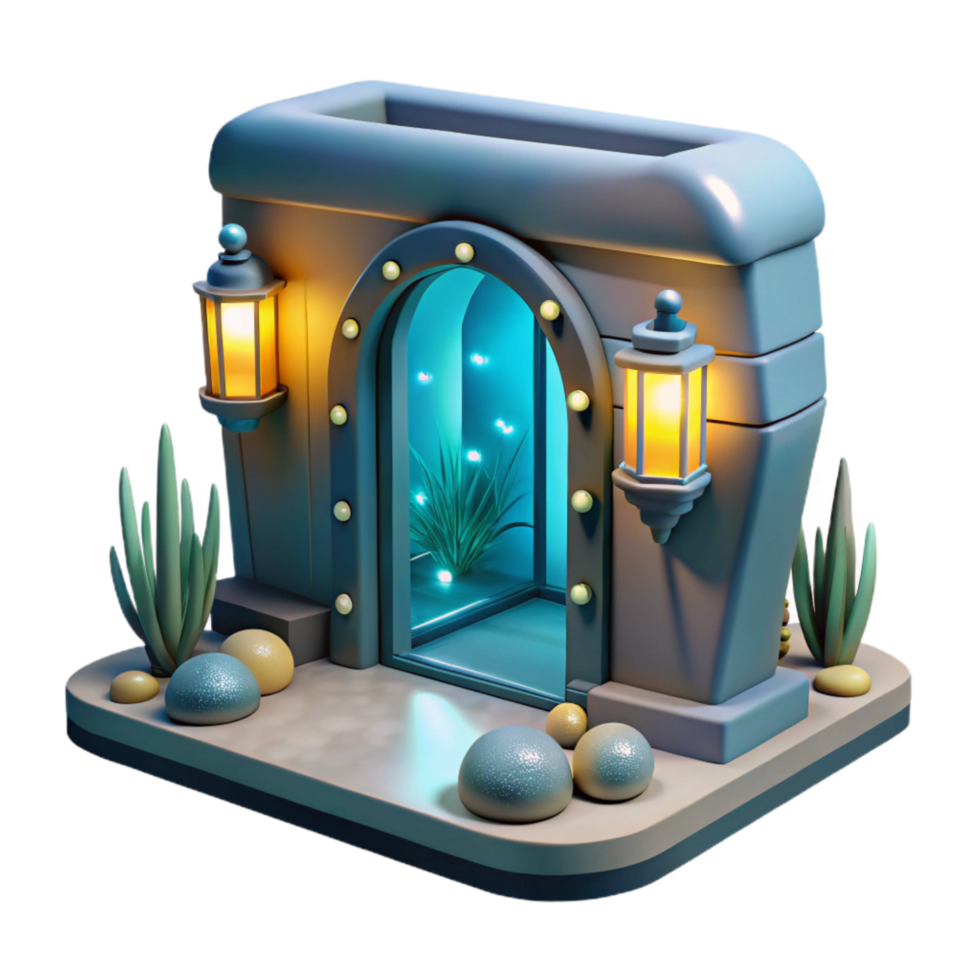 serene traditional Underwater Hotel Entrance Transparent Background with Illuminated Signage authentic png