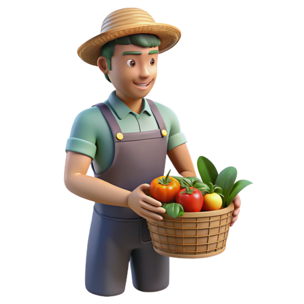 beautiful rustic Urban Farmer Harvesting Vegetables Basket Isolated Transparent Background professional png
