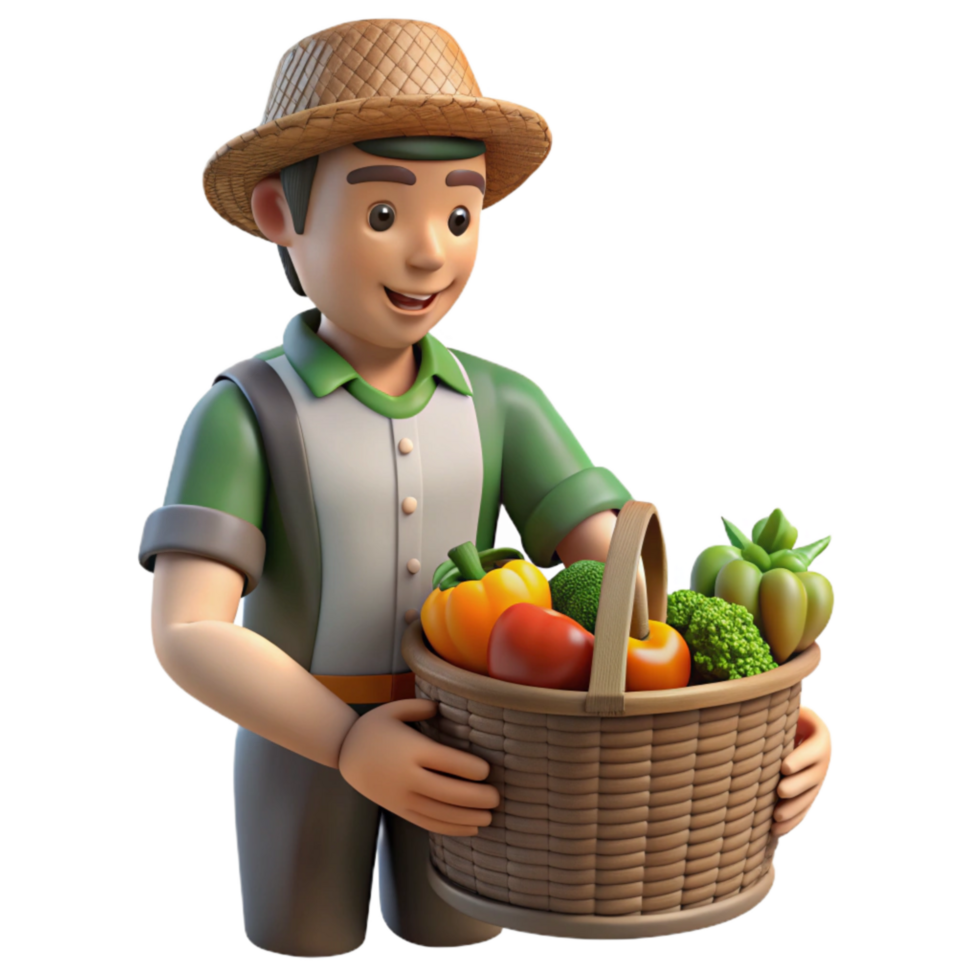 serene creative Urban Farmer Harvesting Vegetables Basket Isolated Transparent Background professional png