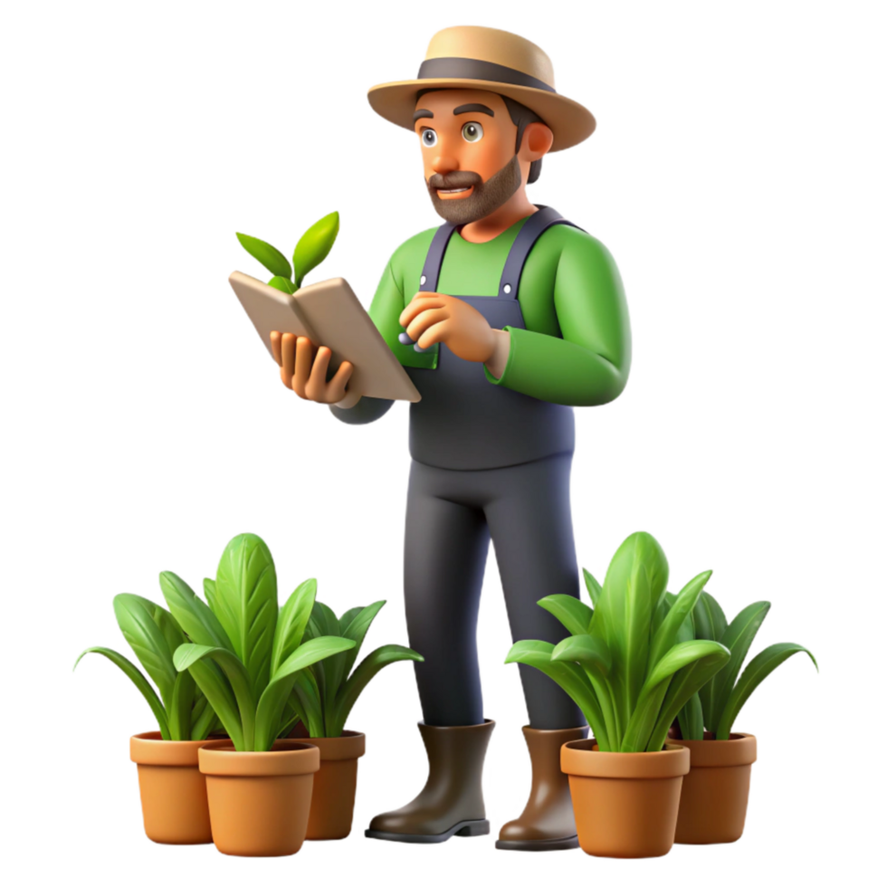 elegant artistic Urban Farmer Inspecting Plants Transparent Background high resolution png