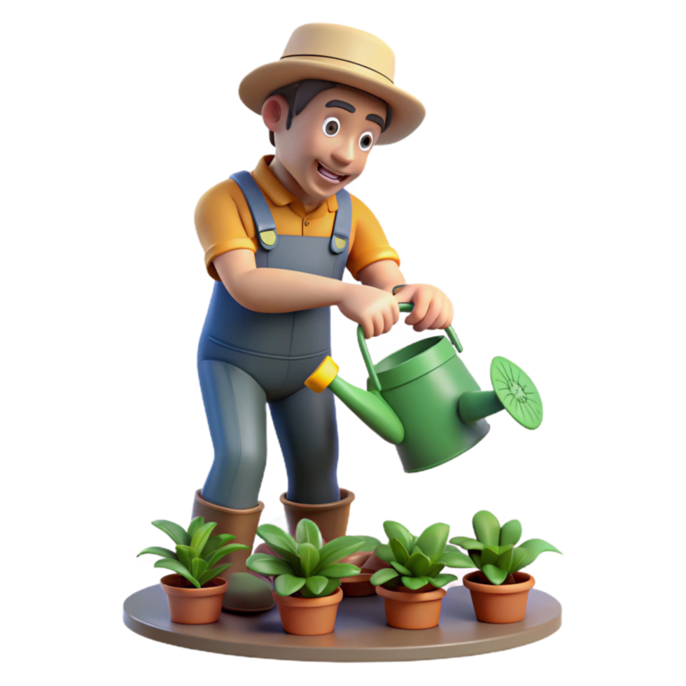 beautiful minimalist Urban Farmer Watering Plants Transparent Background premium png