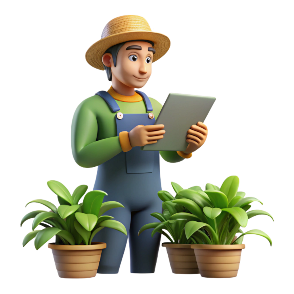beautiful artistic Urban Farmer Inspecting Plants Transparent Background png