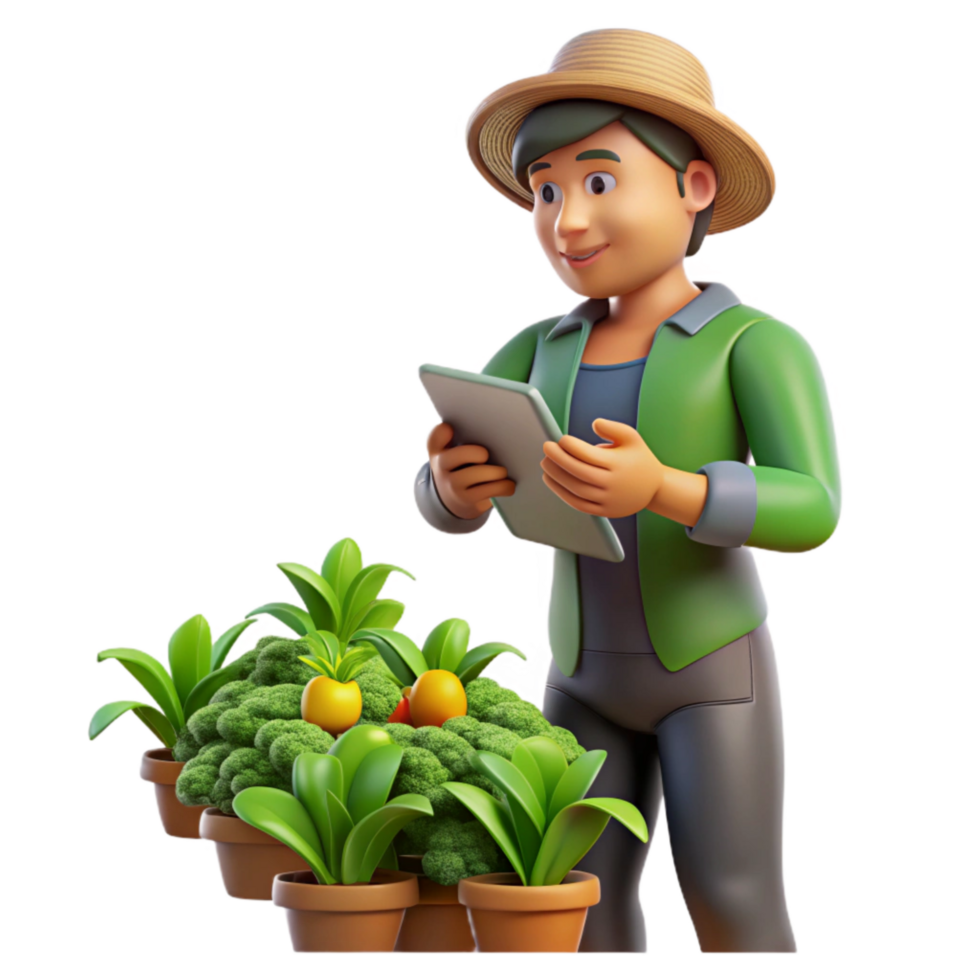 dramatic traditional Urban Farmer Inspecting Plants Transparent Background exclusive png