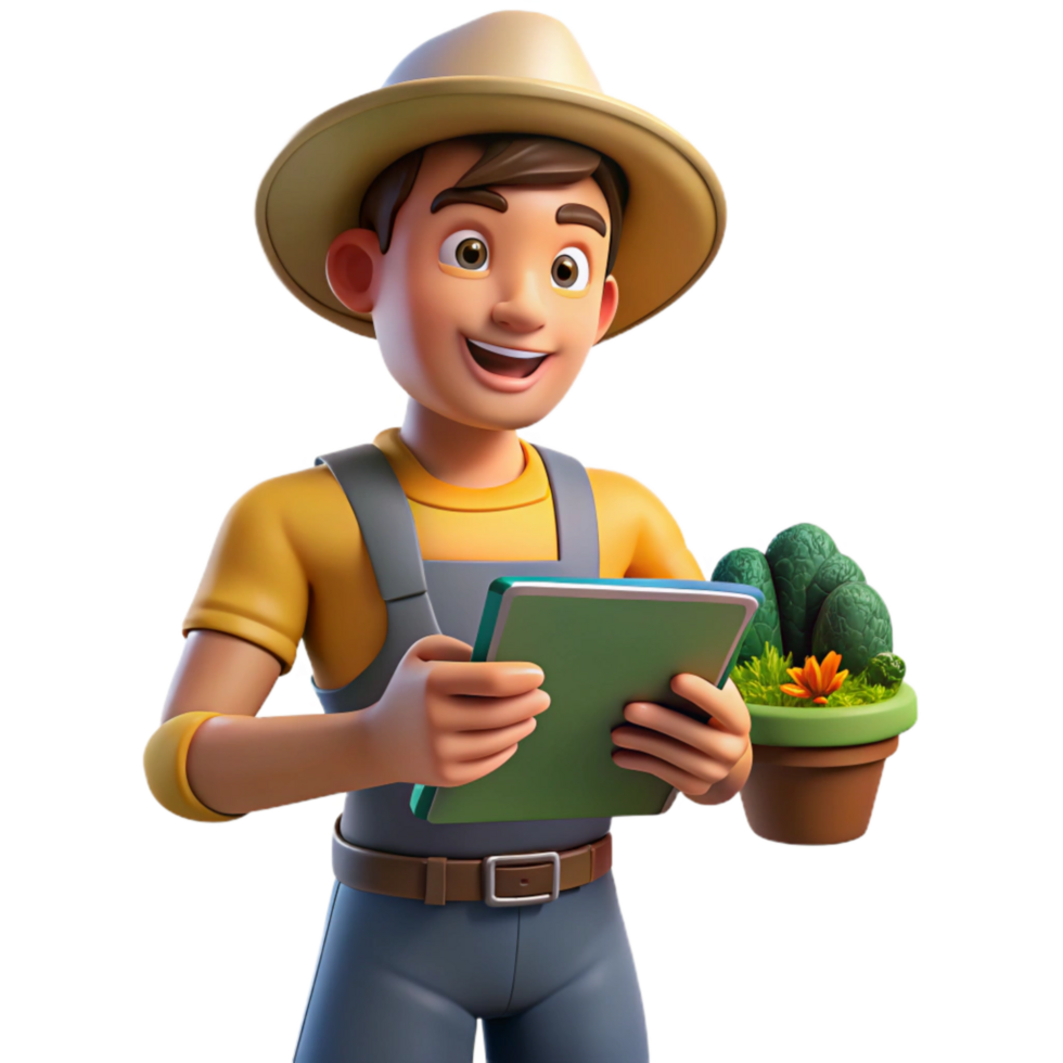 wonderful artistic Urban Farmer with Tablet Monitoring System Isolated high quality png