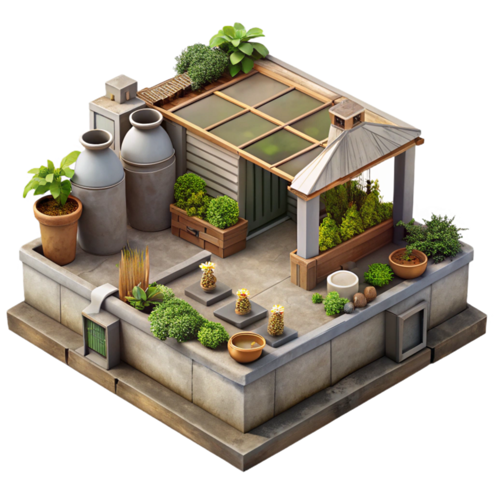 impressive classic Urban Farming Isolated Rooftop Garden detailed png
