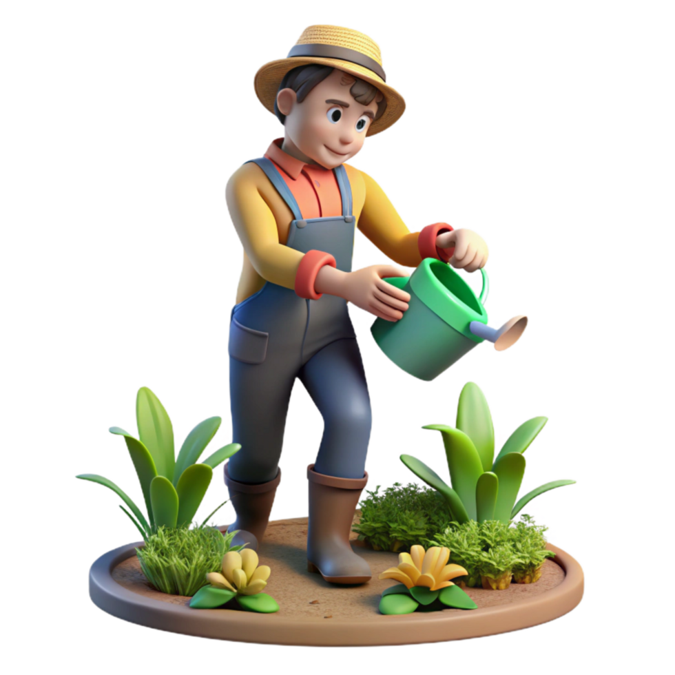 dramatic modern Urban Farm Worker Watering Plants Isolated Transparent Background high quality png