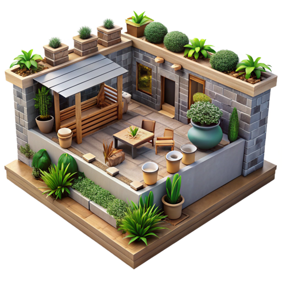 serene minimalist Urban Garden Rooftop View Cutout on Transparent Background high quality png