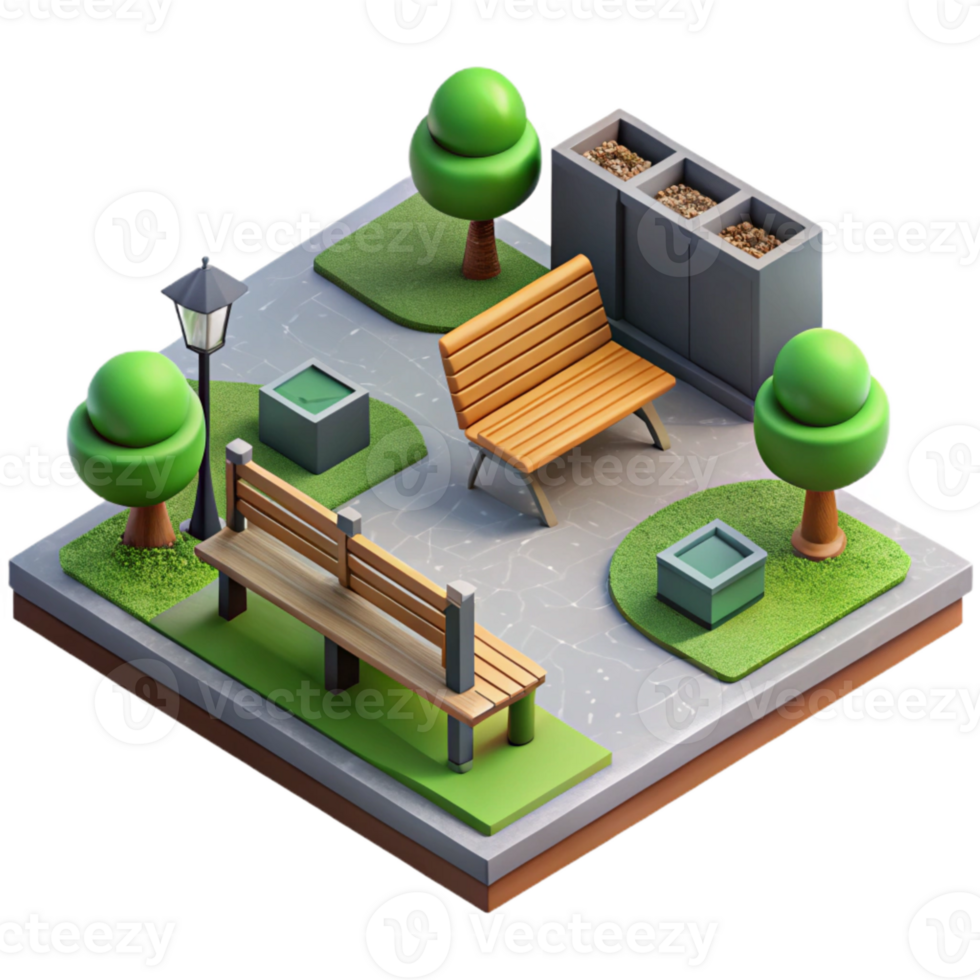 elegant creative Urban Park with Benches Isometric View Isolated premium png