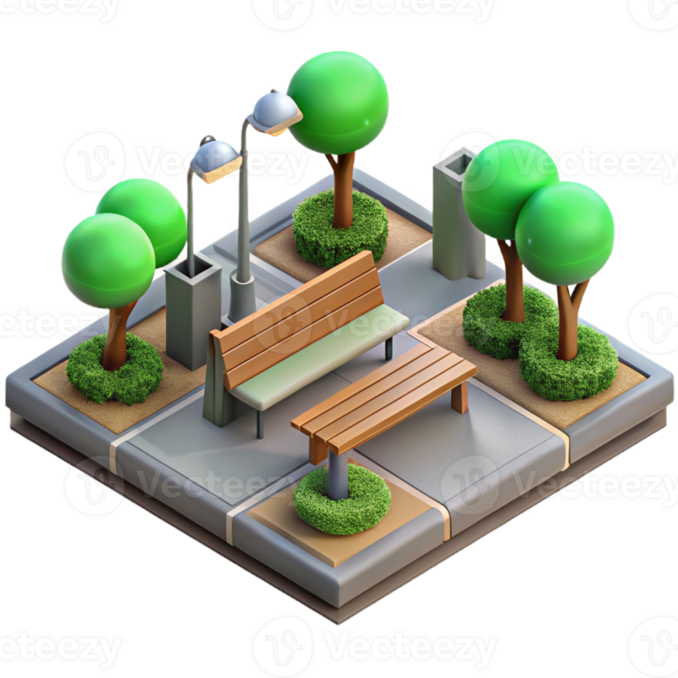 vibrant artistic Urban Park with Benches Isometric View Isolated authentic png