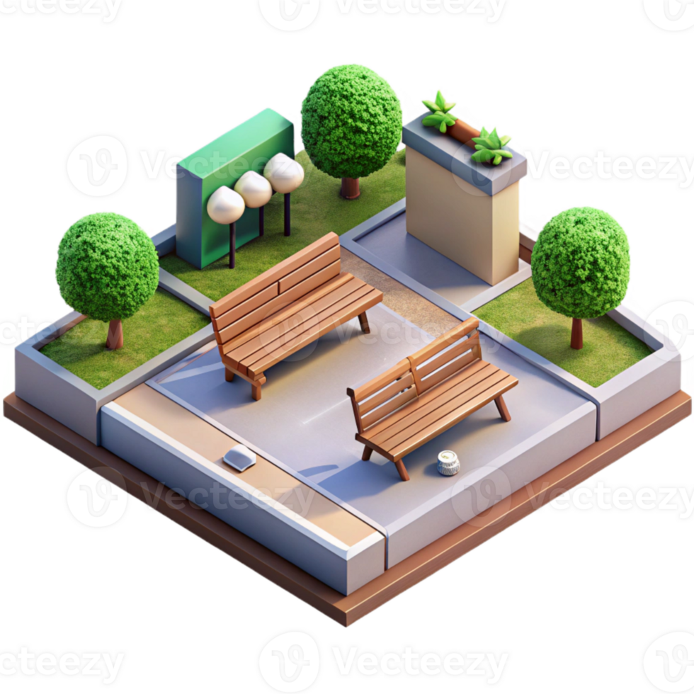 vibrant contemporary Urban Park with Benches Isometric View Isolated authentic png