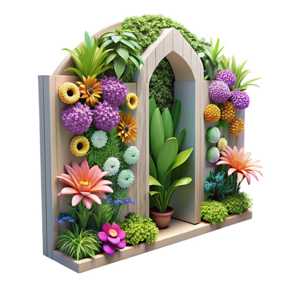 dramatic modern Vertical Garden with Flowers and Herbs Cutout Colorful Blooms high resolution png