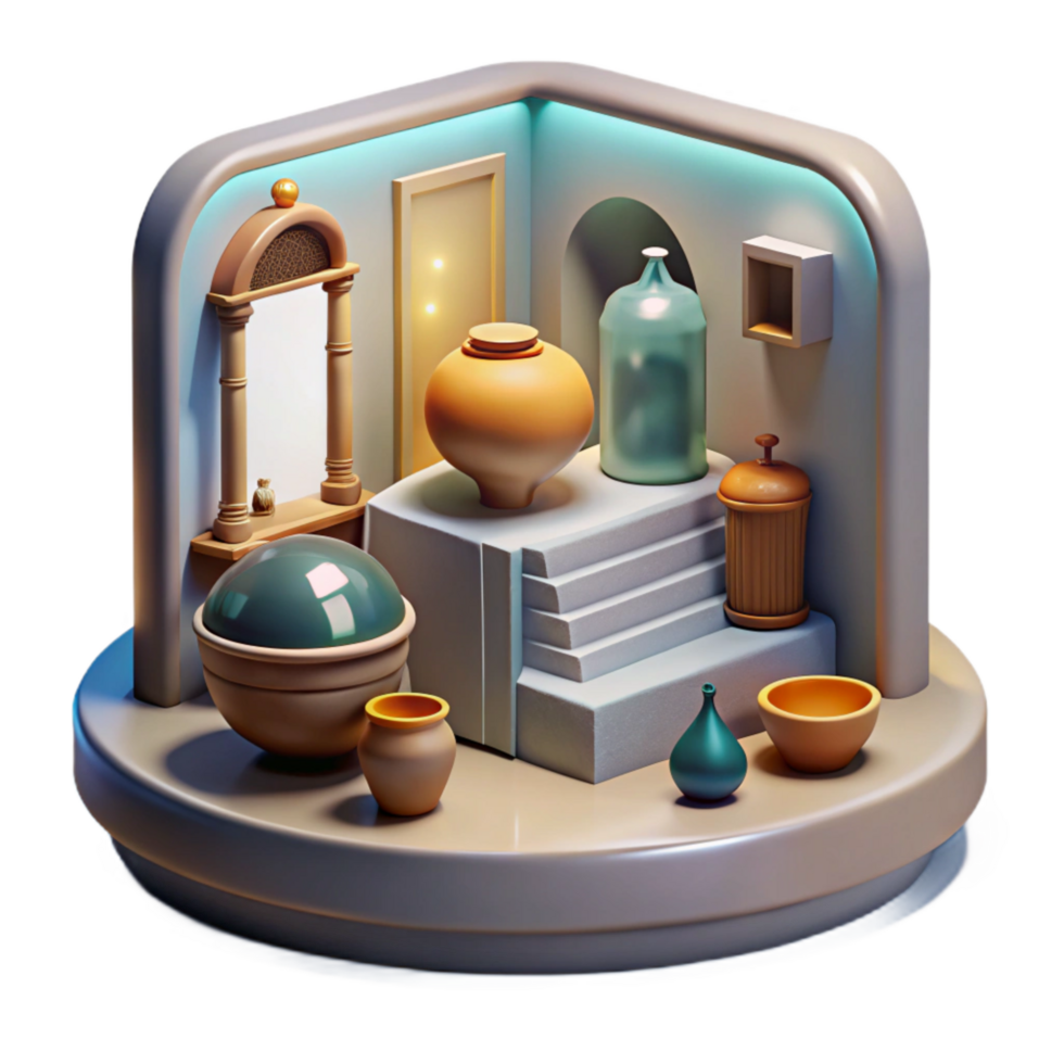 extraordinary vintage Virtual Museum Exhibit with Artifacts Transparent Background high resolution png