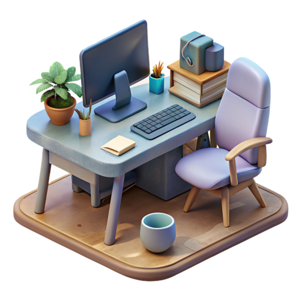 beautiful minimalist Virtual Office Space with Desk and Computer Transparent Background detailed png