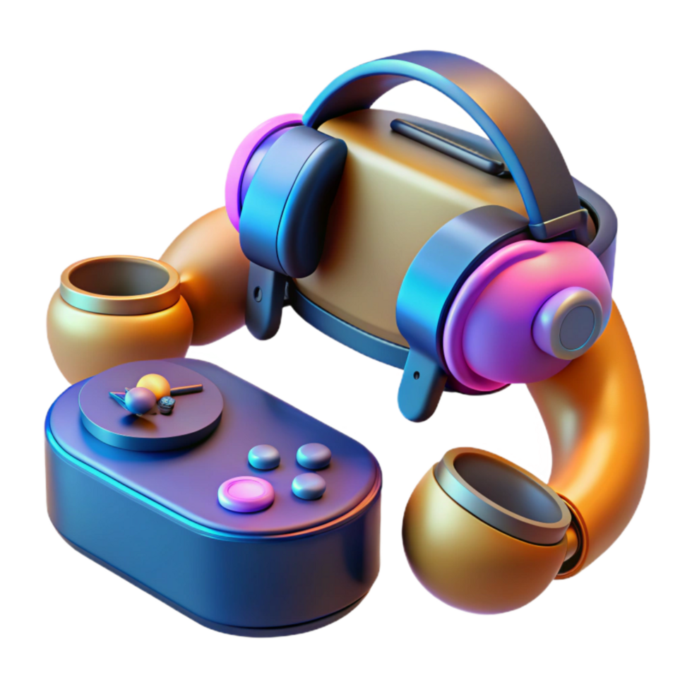 impressive minimalist Virtual Reality Gaming Setup with Controllers and Headset Transparent Background detailed png
