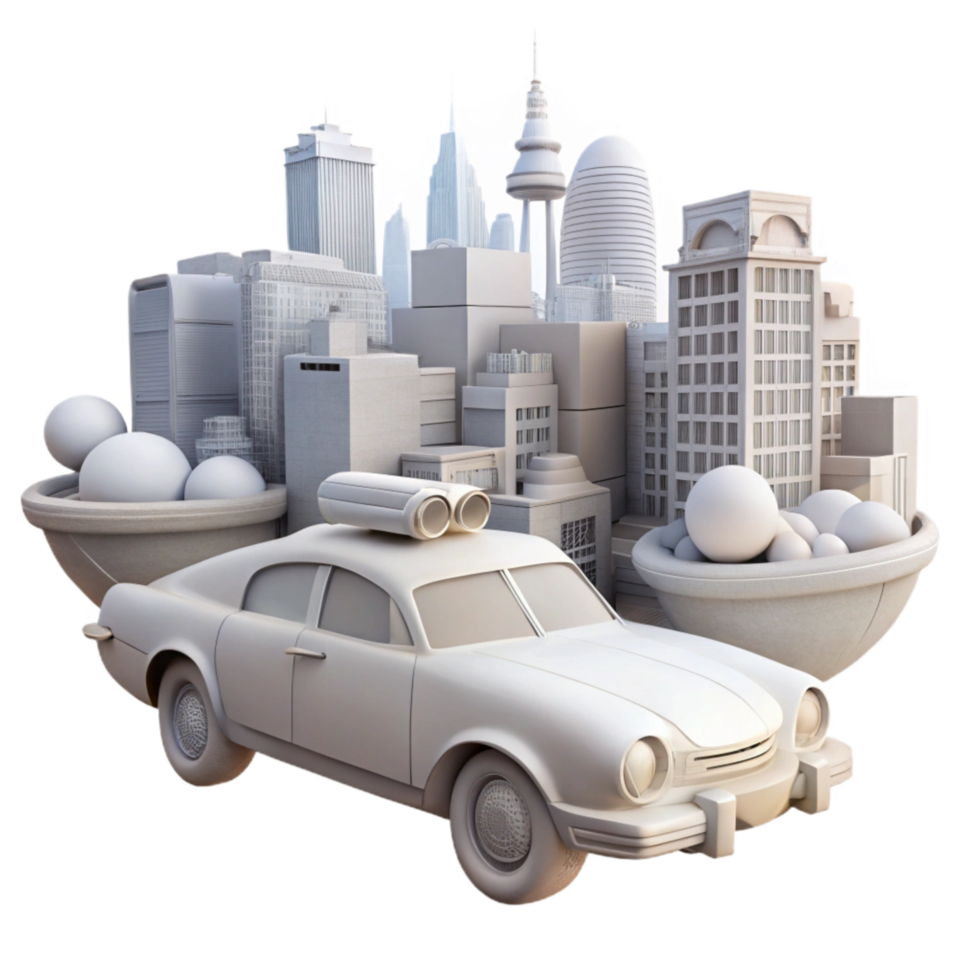 stunning artistic White Flying Car in Cityscape Cutout high resolution png