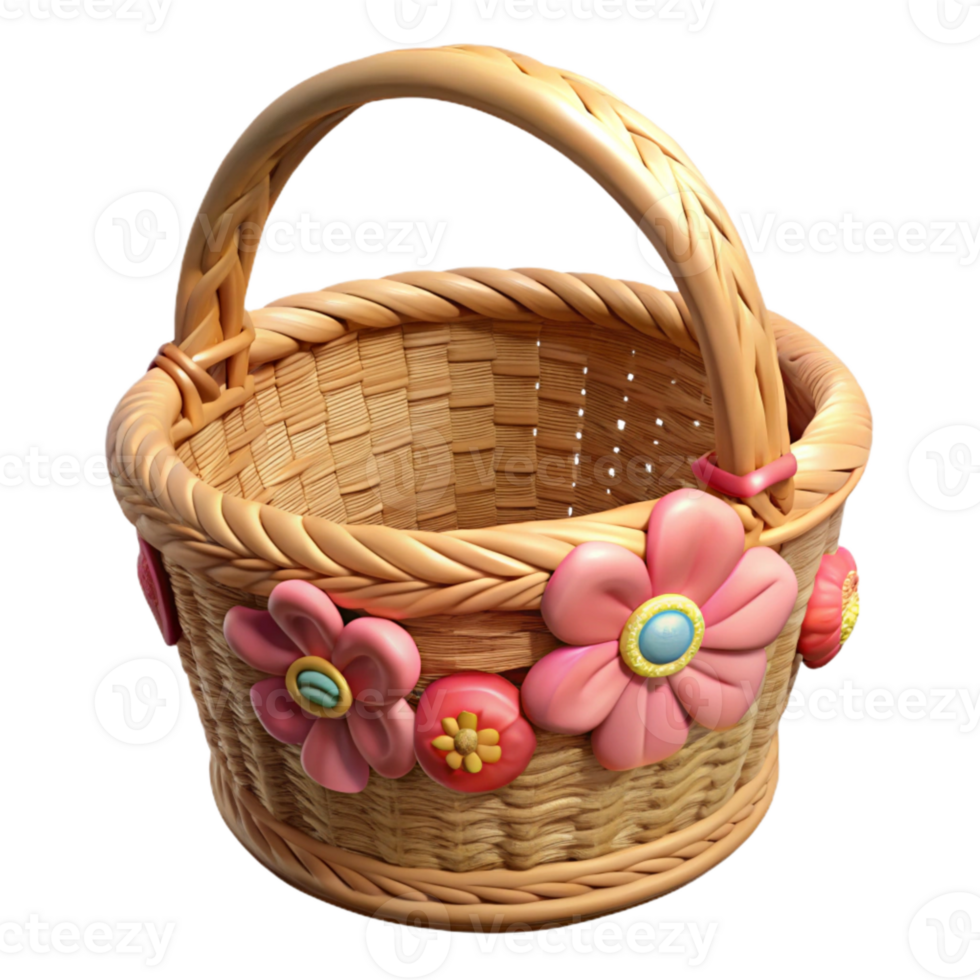 impressive artistic Wicker Basket Cutout with Floral Design detailed png