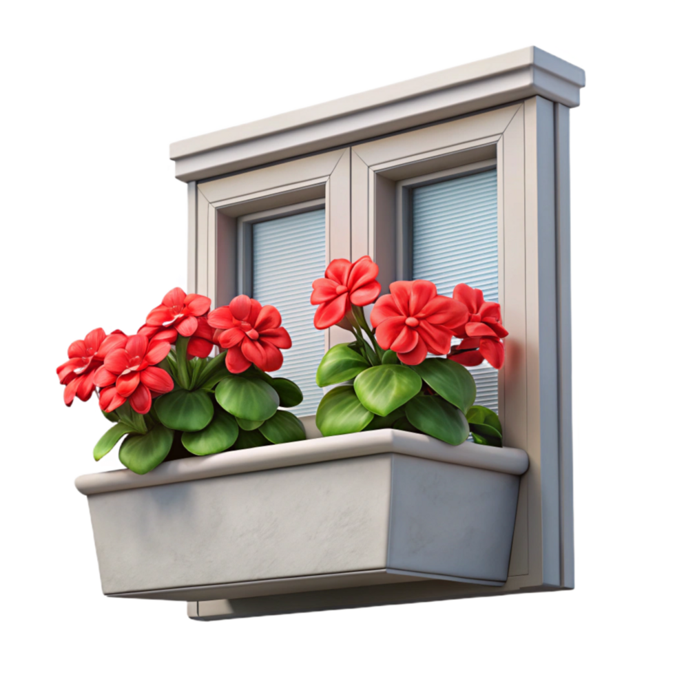 serene rustic Window Box with Geraniums Isolated Red Flowers professional png
