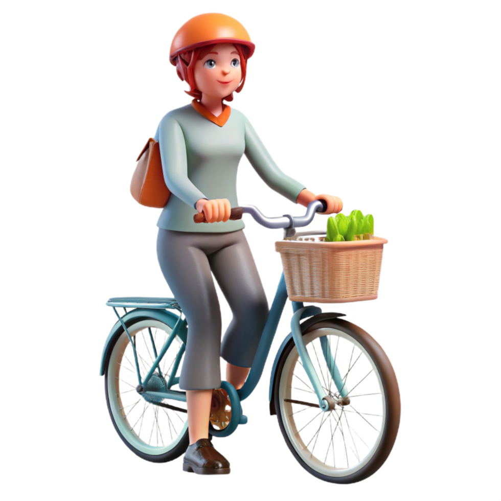 elegant rustic Woman Cyclist with Shopping Basket Front View Cutout exclusive png