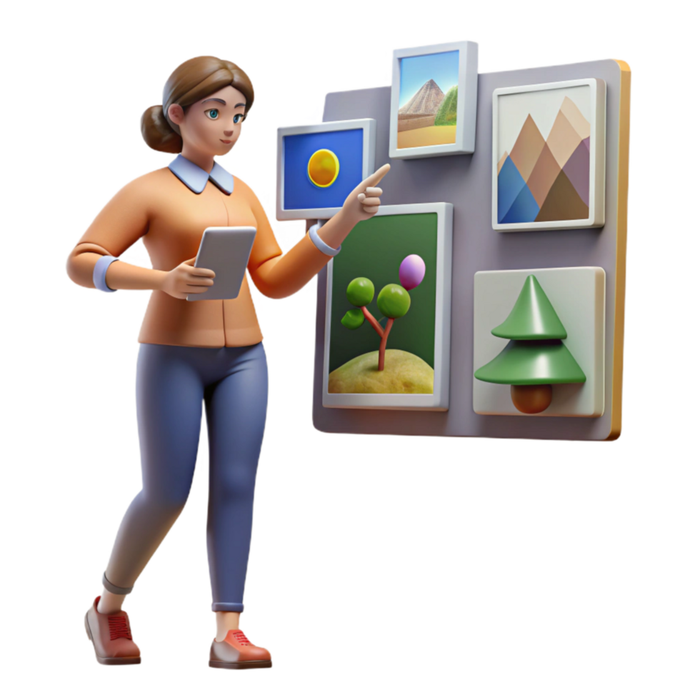 beautiful contemporary Woman Exploring Virtual Art Gallery Isolated Element authentic png